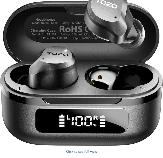 TOZO NC9 Hybrid Active Noise Cancelling Earbuds for Travel Work Calls, 45dB ANC Wireless Earbuds, 6-Mic ENC for Clear Calls, Deep Bass 60H IPX8 Bluetooth 5.3 Ear Buds with App for Custom EQ